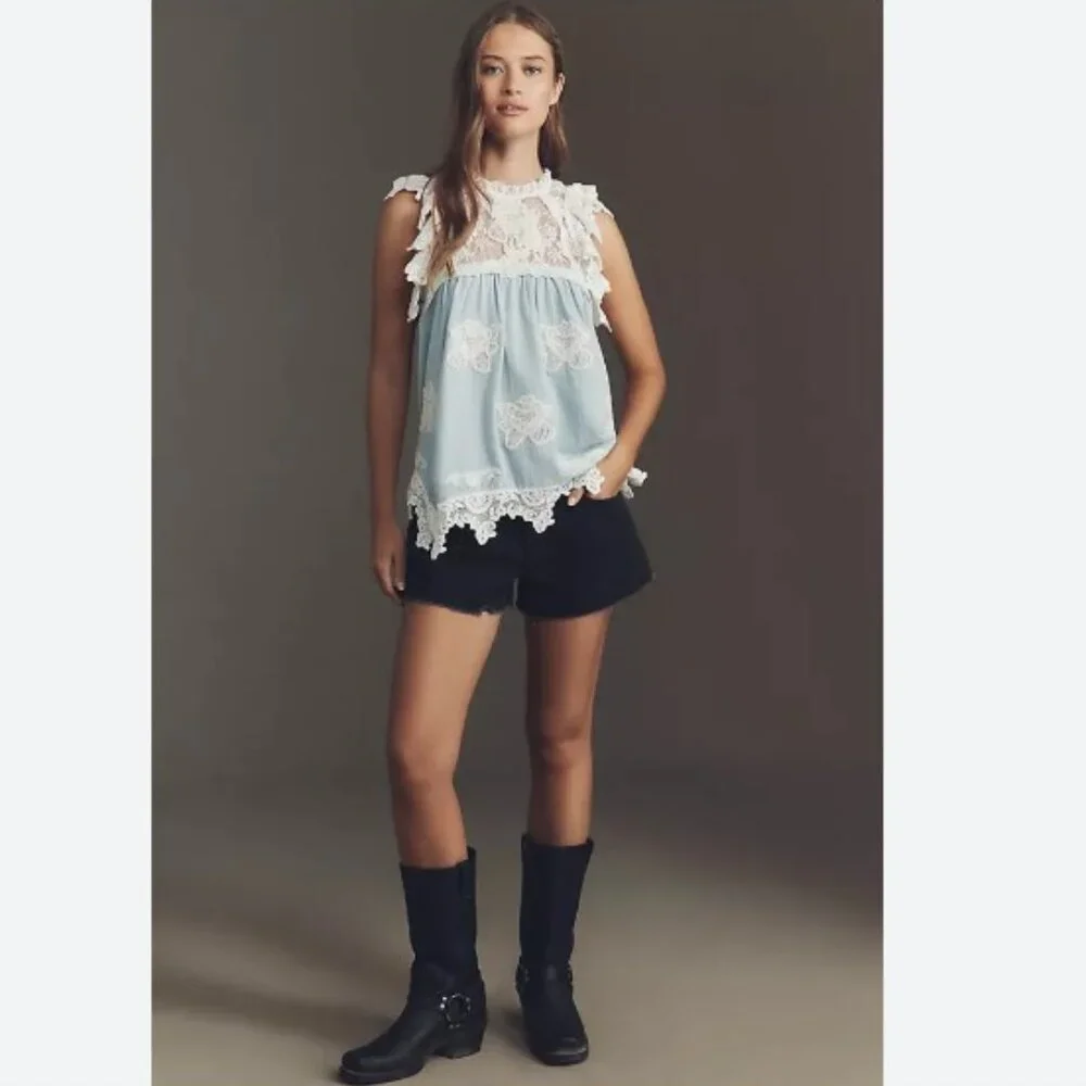 By Anthropologie Lace Appliqué Swing Top in Ivory Pattern - Size Small - NWT - Picture 3 of 7